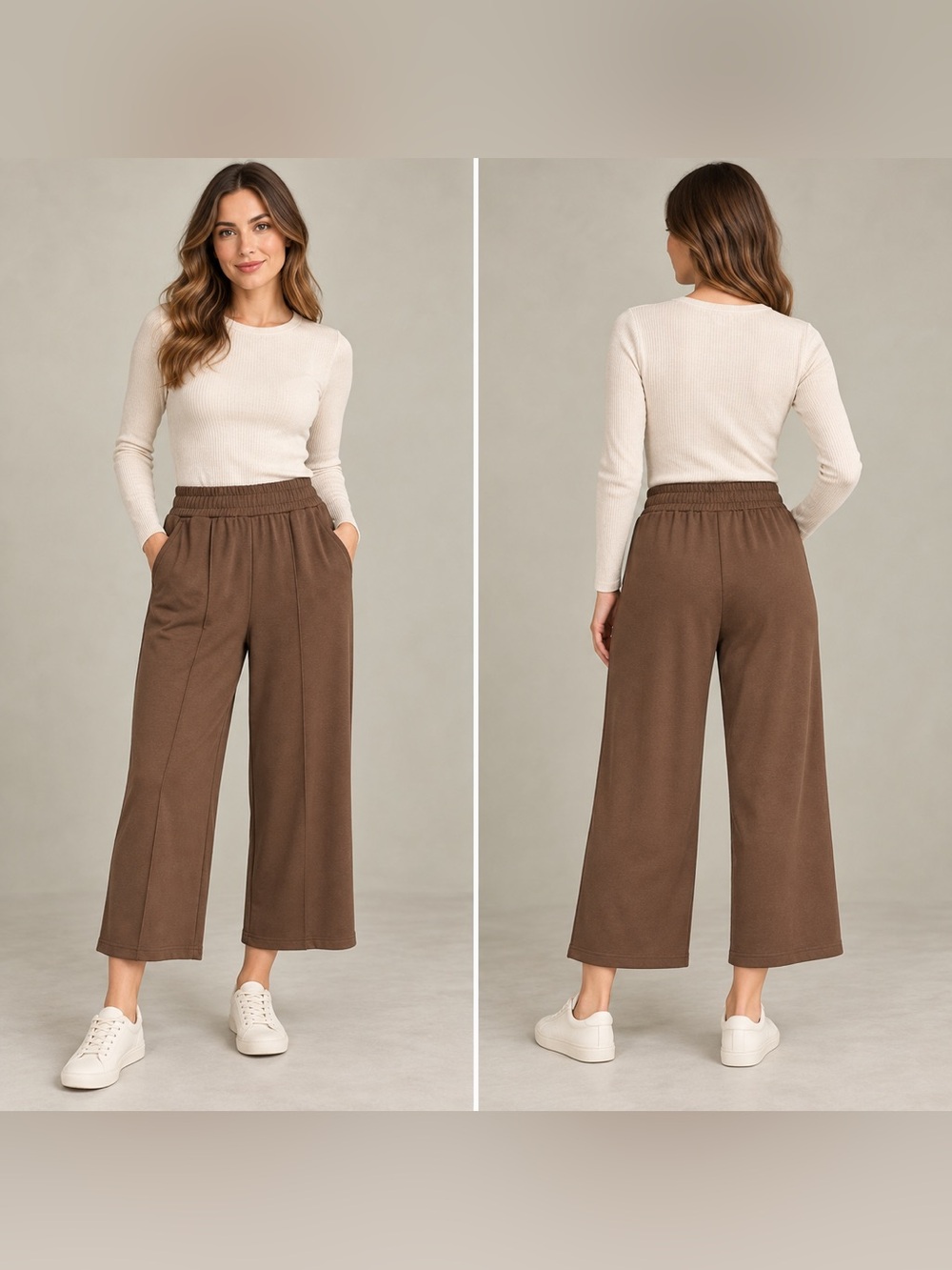 Chocolate Brown Cropped Wide Leg Pull-On Pants Size M Viscose blend